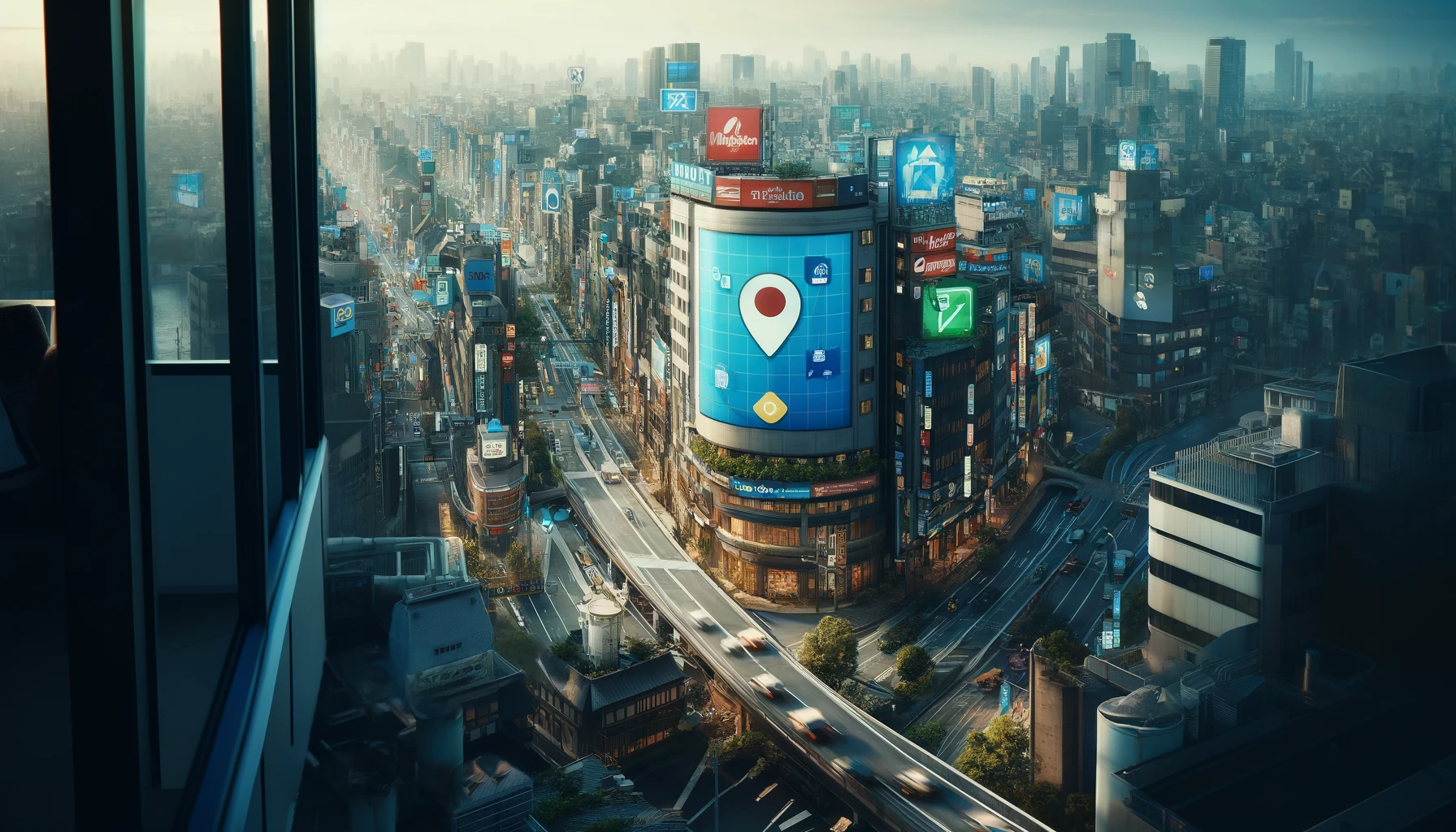a cityscape view from a high-rise building, showcasing various landmarks and digital billboards advertising location-sharing apps, reflecting the widespread use of such technology in urban environments.